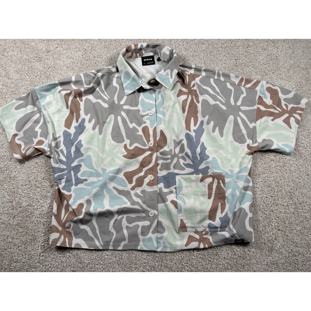 prAna Railay Cropped Button Up Shirt Womens Medium M Sea Glass Seaweed Leaf